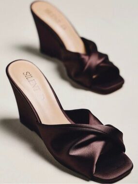 Brown Satin Wedge Slide Sandals